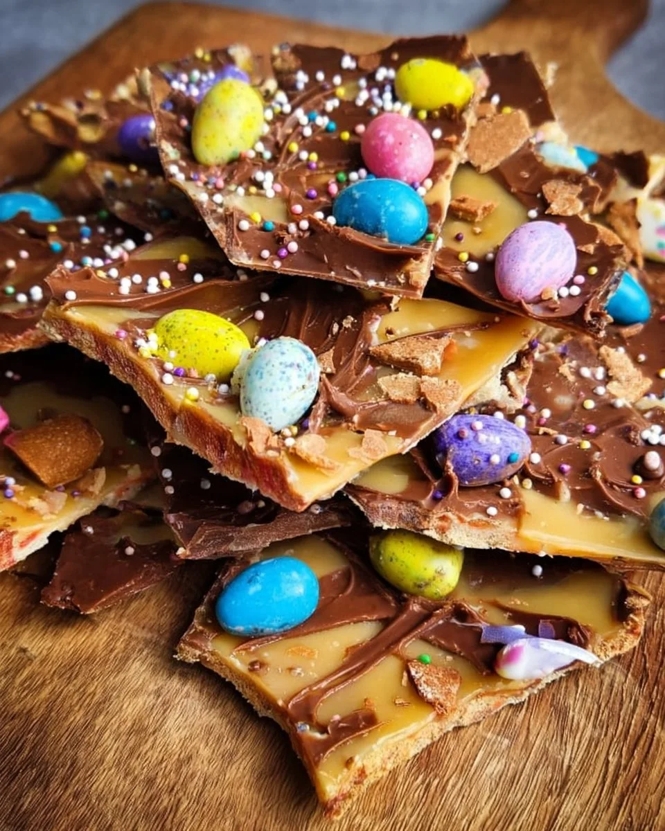 Easter Cracker Bark decorated with chocolate, sprinkles, and colorful candies.
