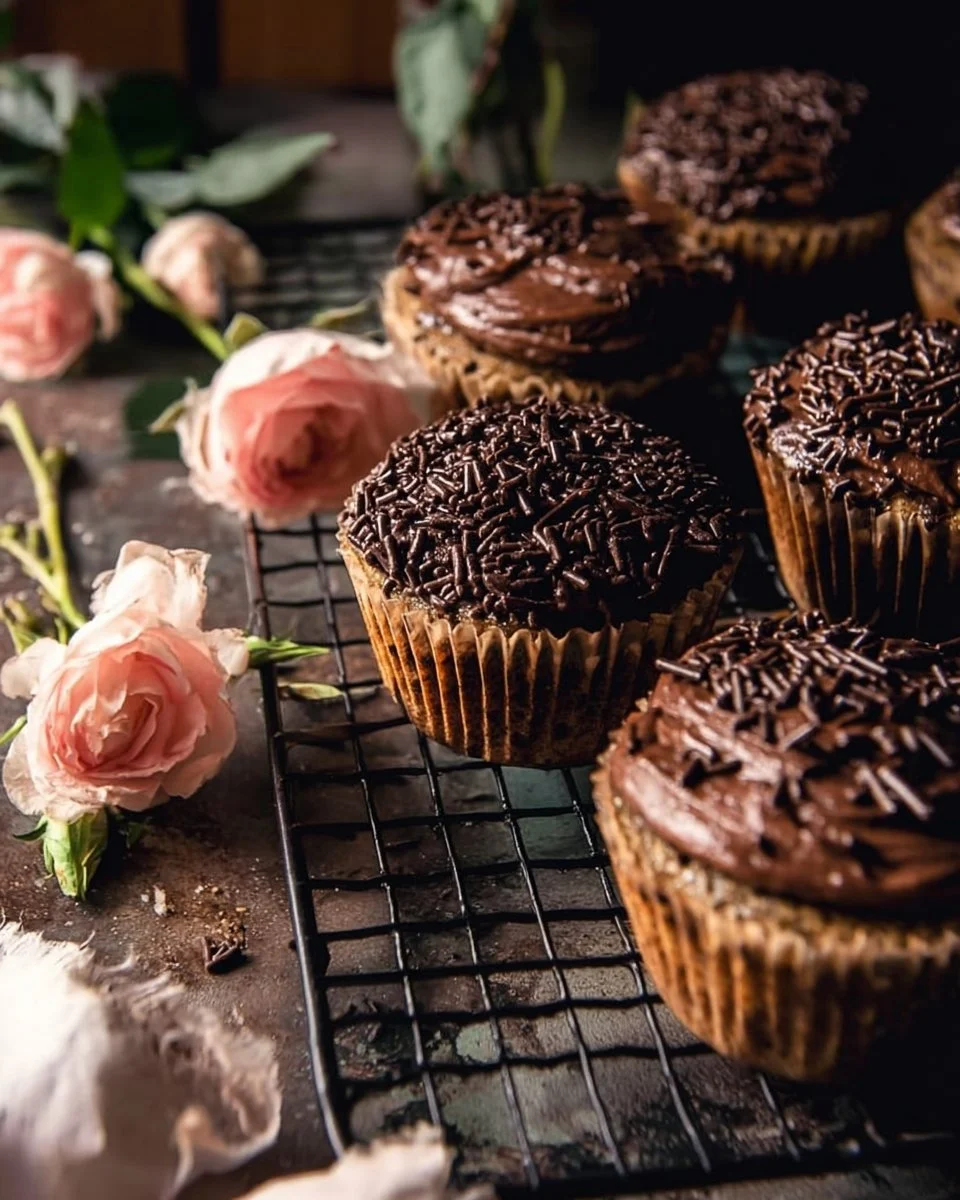 Delicious easy banana cupcakes with espresso chocolate frosting topped with sprinkles