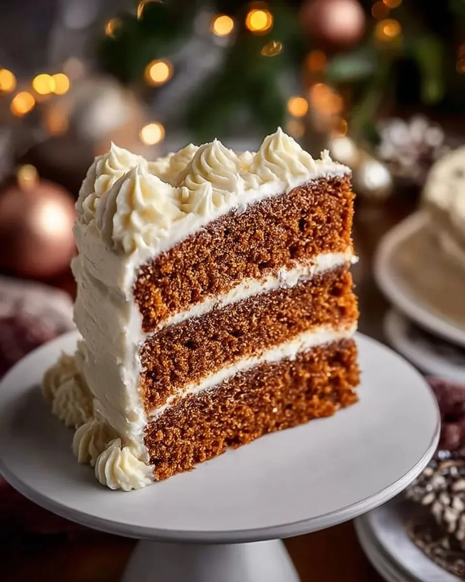 Delicious slice of easy Christmas gingerbread cake with festive decorations