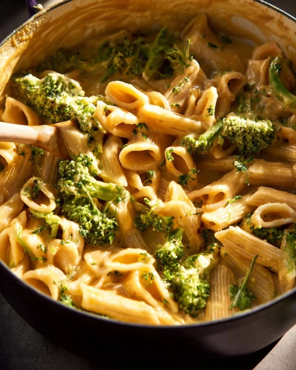 Delicious one pot broccoli cheese pesto pasta ready to serve