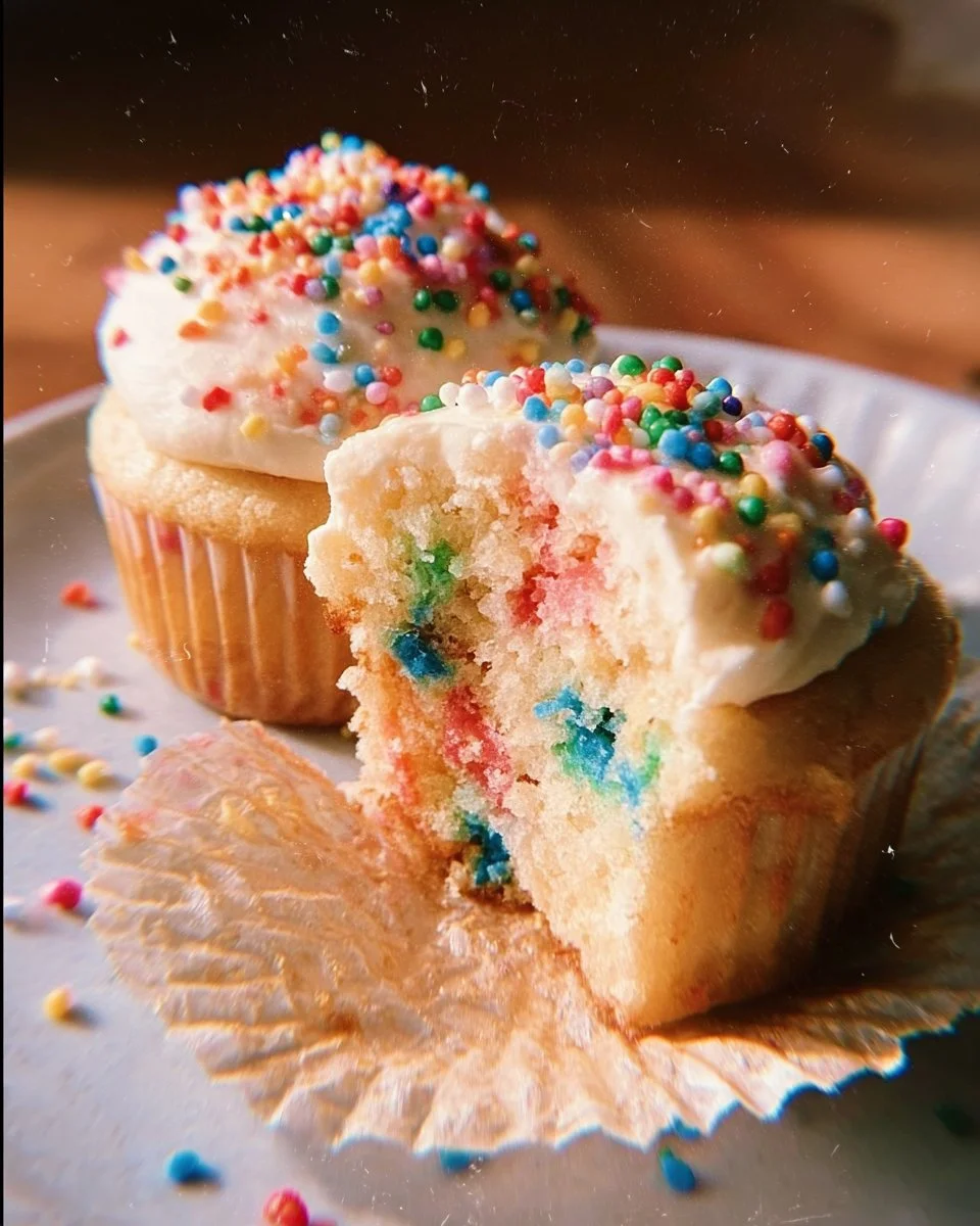 Delicious Funfetti Cupcakes topped with sprinkles and frosting