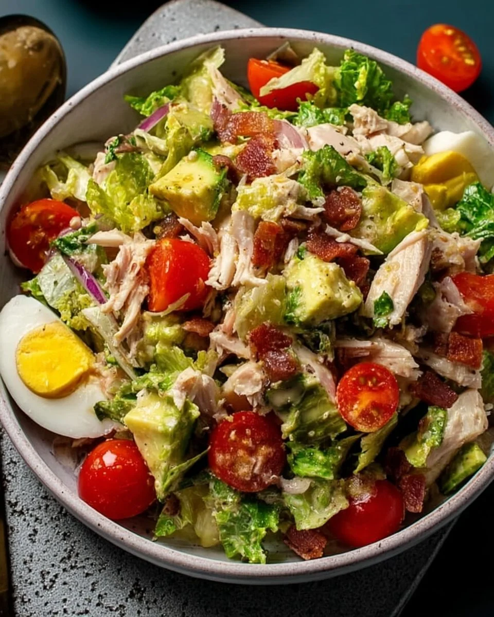 Low carb chopped chicken salad with fresh vegetables in a bowl