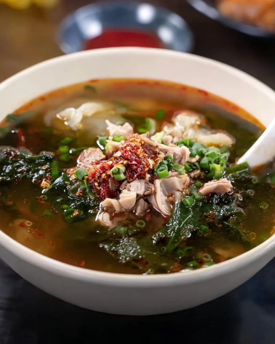 A bowl of spicy Moo Dang Soup garnished with herbs and spices.