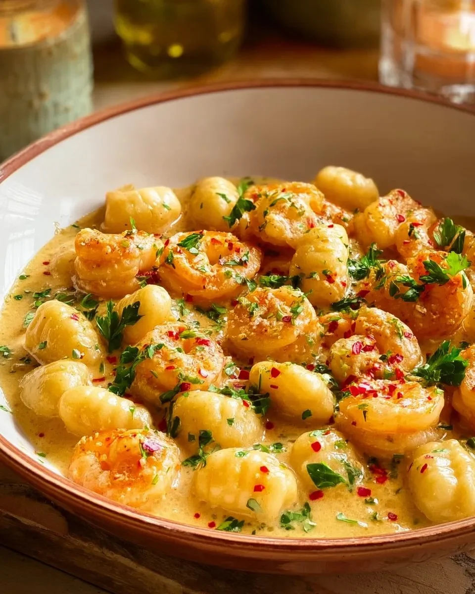 Delicious shrimp gnocchi served with fresh herbs and creamy sauce