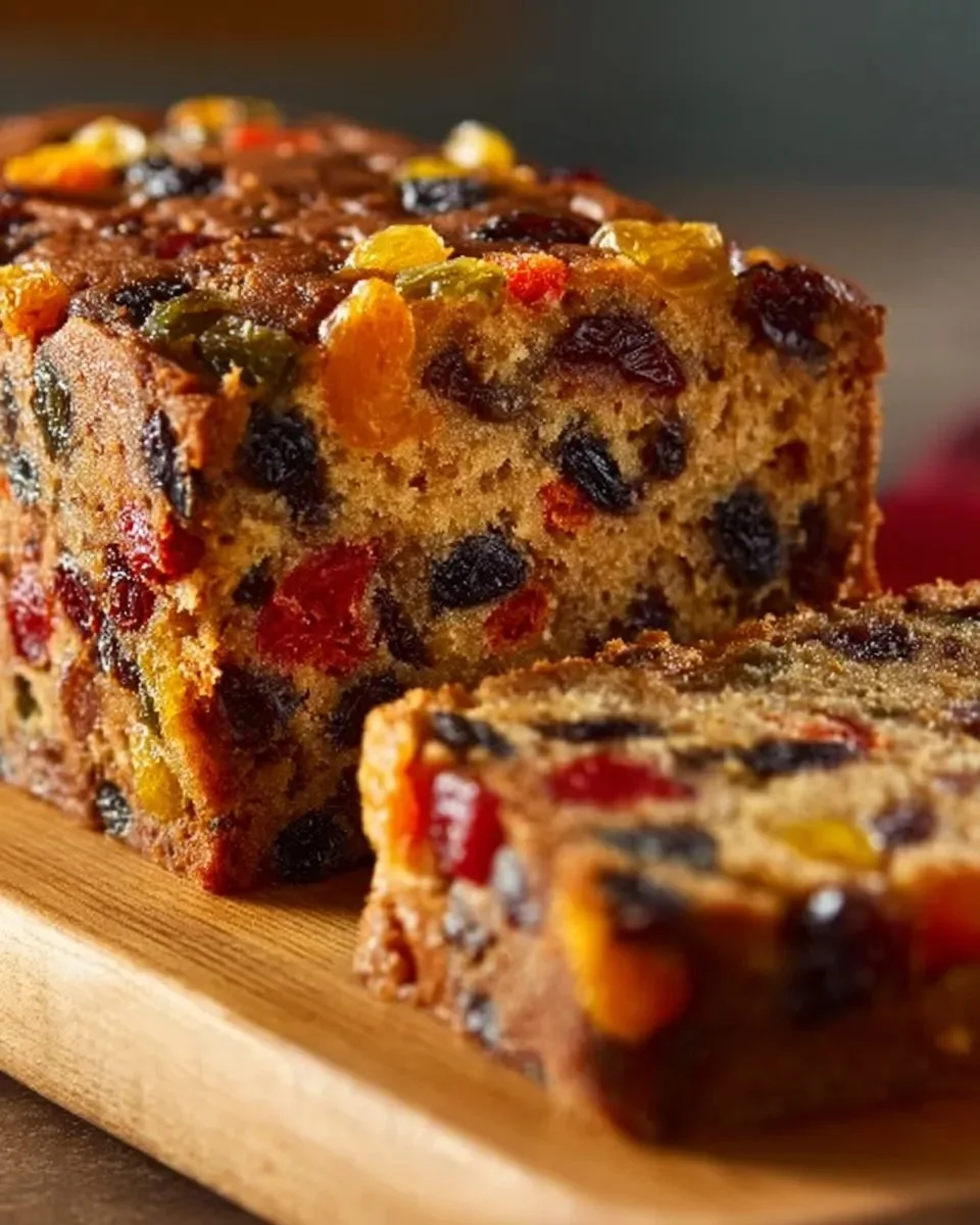Slice of Never Fail Fruit Cake decorated with dried fruits and nuts
