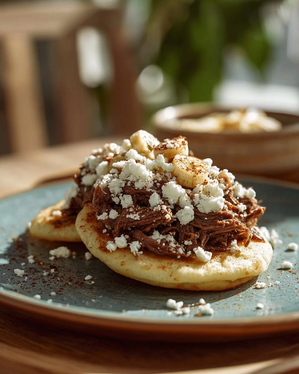 Delicious Old Clothes Arepa served with fresh toppings and a side dish.