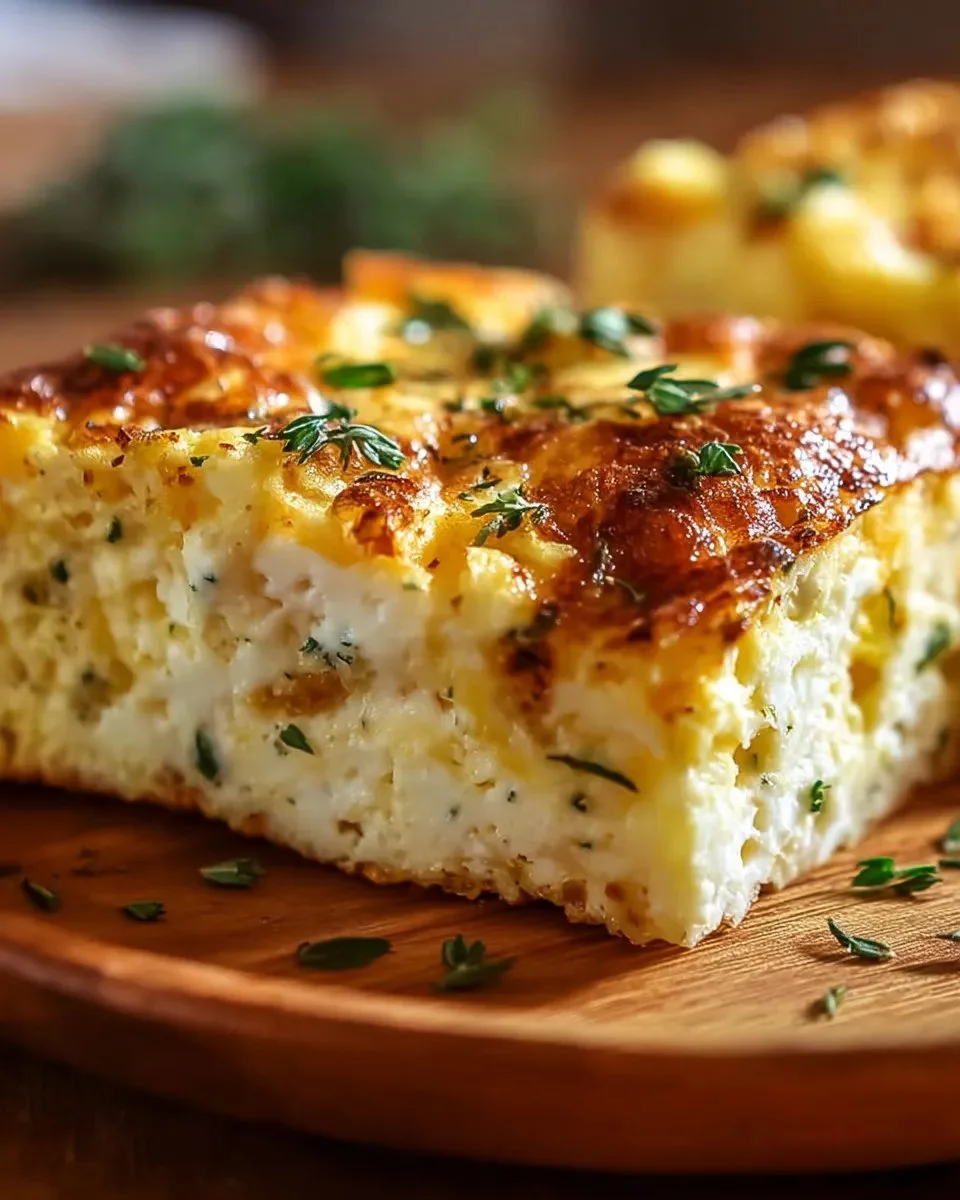 Protein-packed cottage cheese egg bake served in a baking dish with herbs.