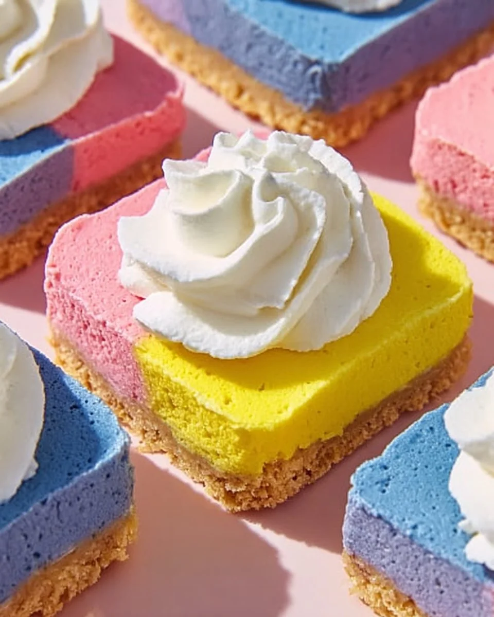 Colorful unicorn-themed cheesecake bites with pastel colors and toppings