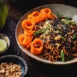 A bowl of 30-minute caramelized shallot beef ramen noodles topped with green onions.