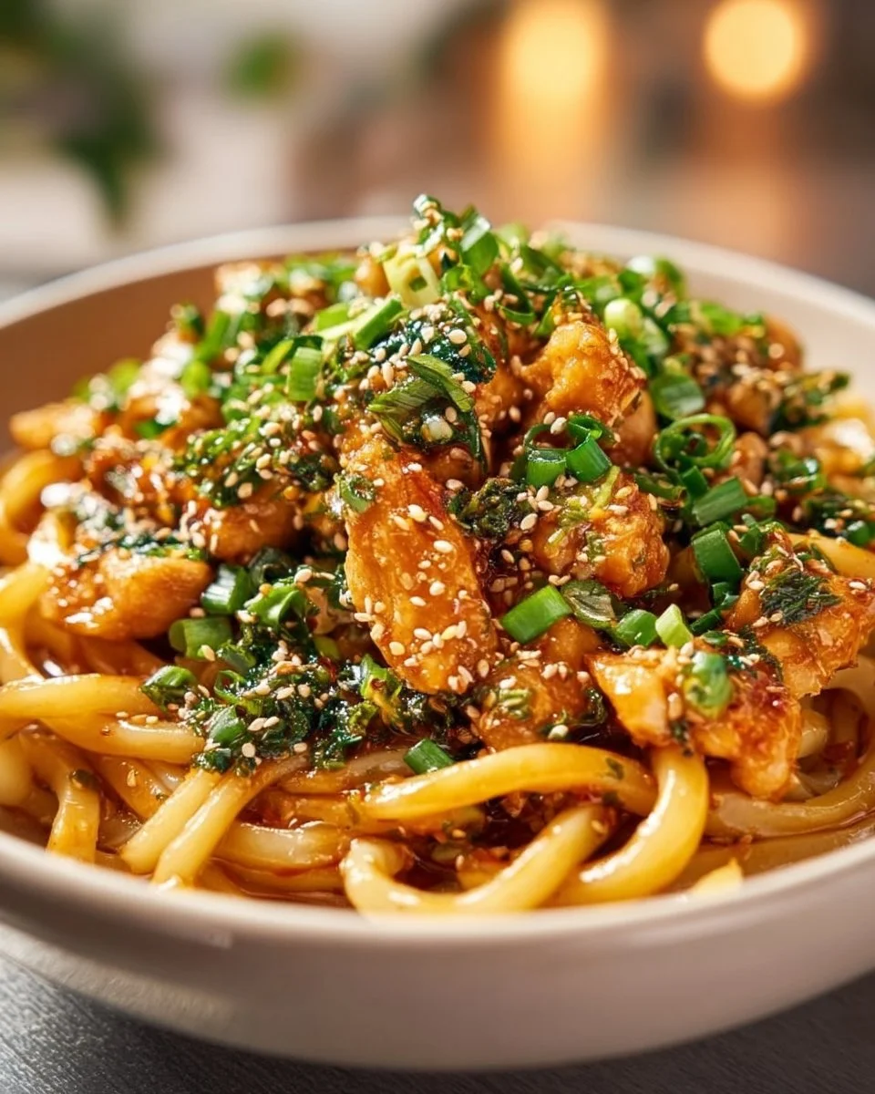 Delicious Bang Bang Chicken Udon served in a bowl with vibrant colors and textures.