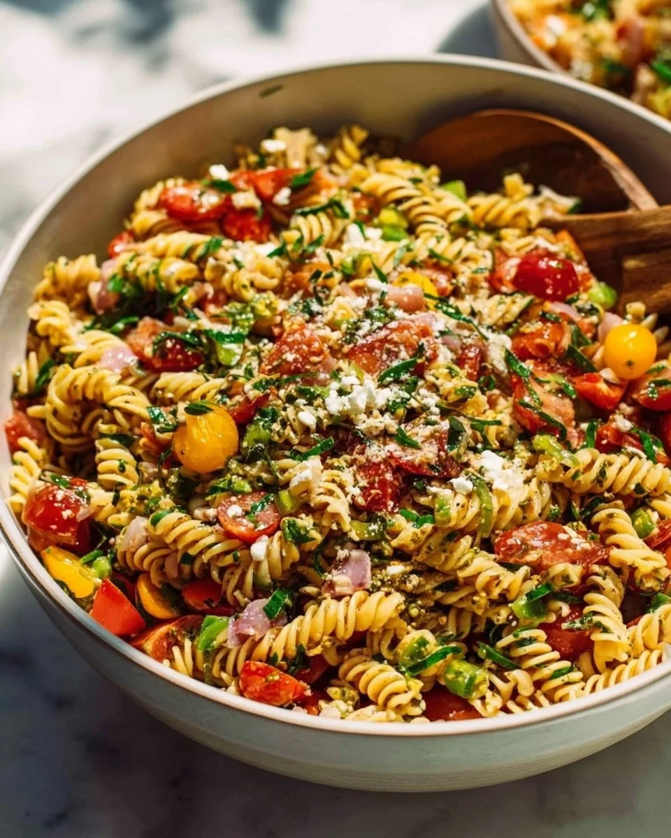 Delicious bowl of best pasta salad with fresh vegetables and dressing