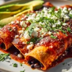 Delicious Black Bean and Corn Vegetarian Enchiladas topped with cheese and salsa