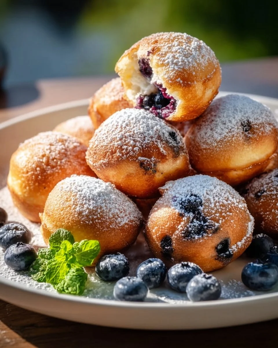 Delicious blueberry pancake poppers served on a plate.