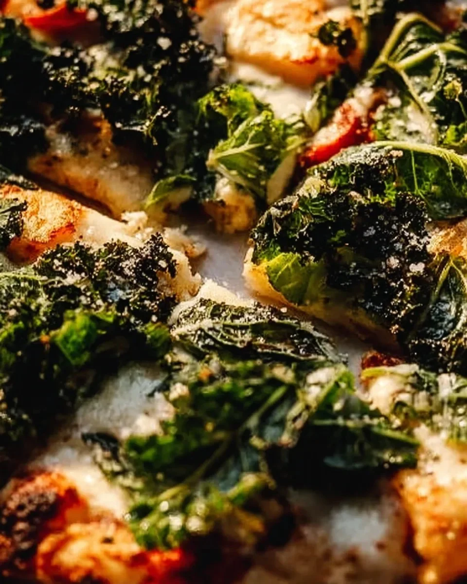 Delicious Burrata Caesar Salad Pizza topped with fresh greens and creamy burrata cheese.