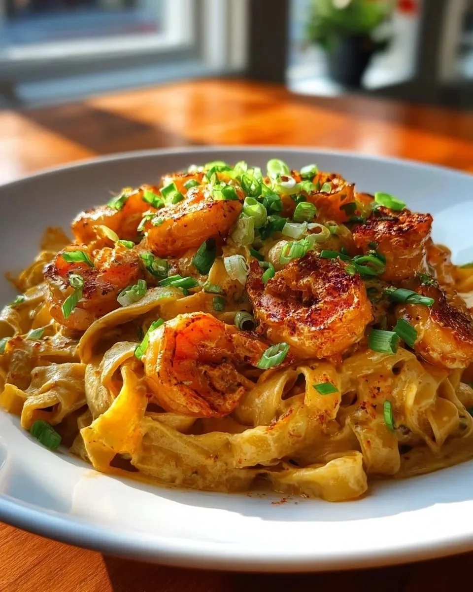 Delicious Cajun Shrimp Pasta served with a side of garlic bread.
