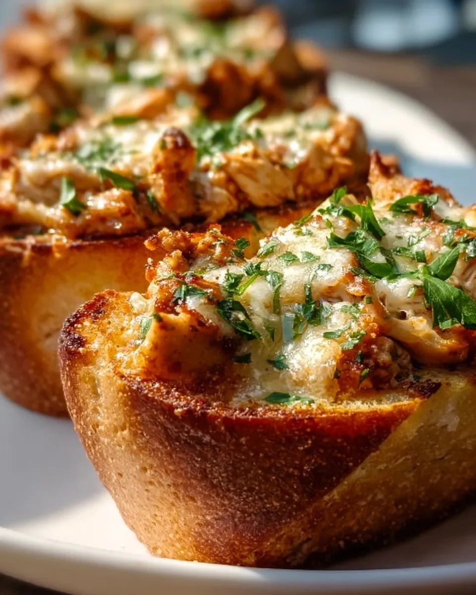 Delicious chicken parmesan stuffed garlic bread with melted cheese and herbs.