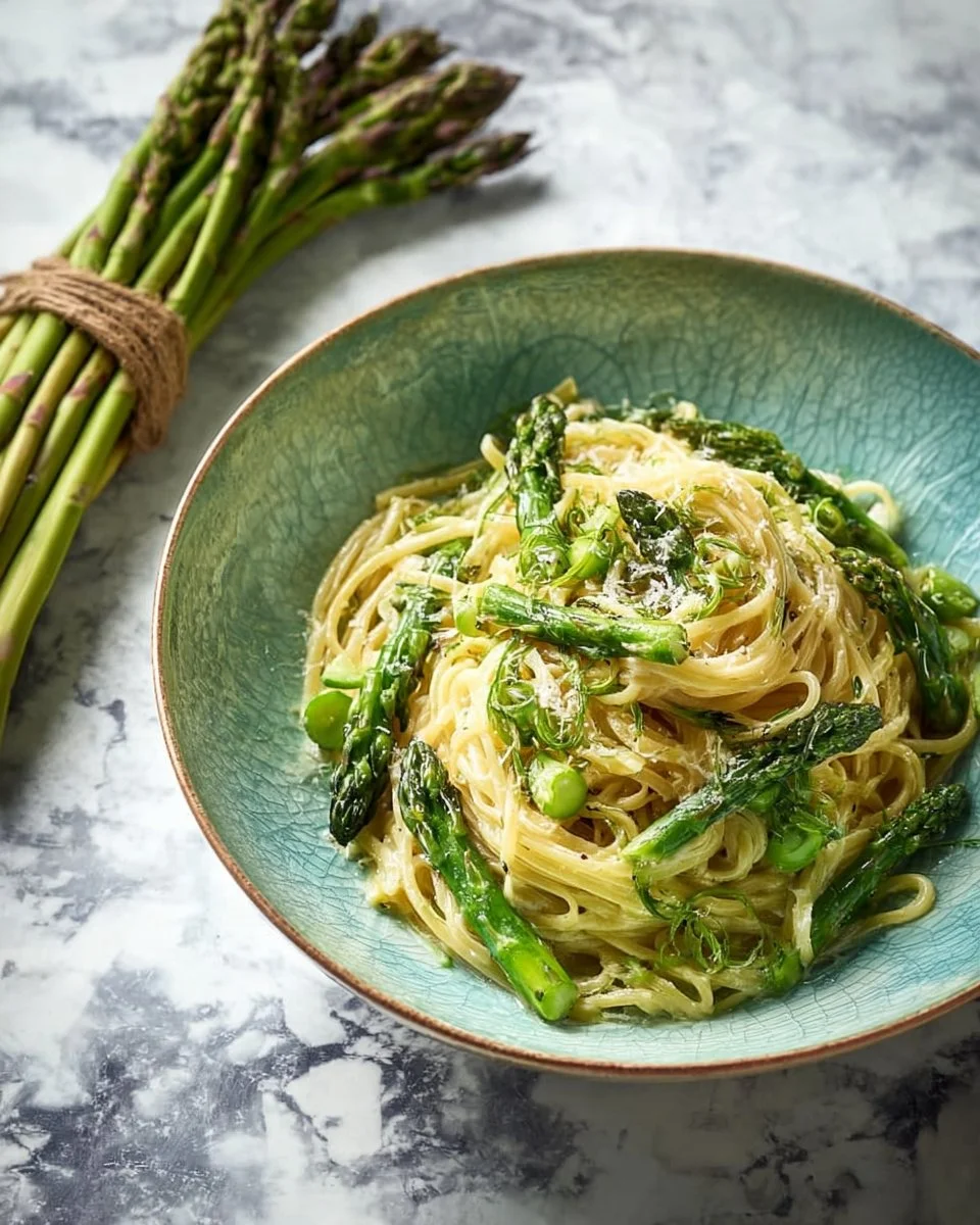 Plate of classic asparagus pasta with fresh asparagus and parmesan cheese