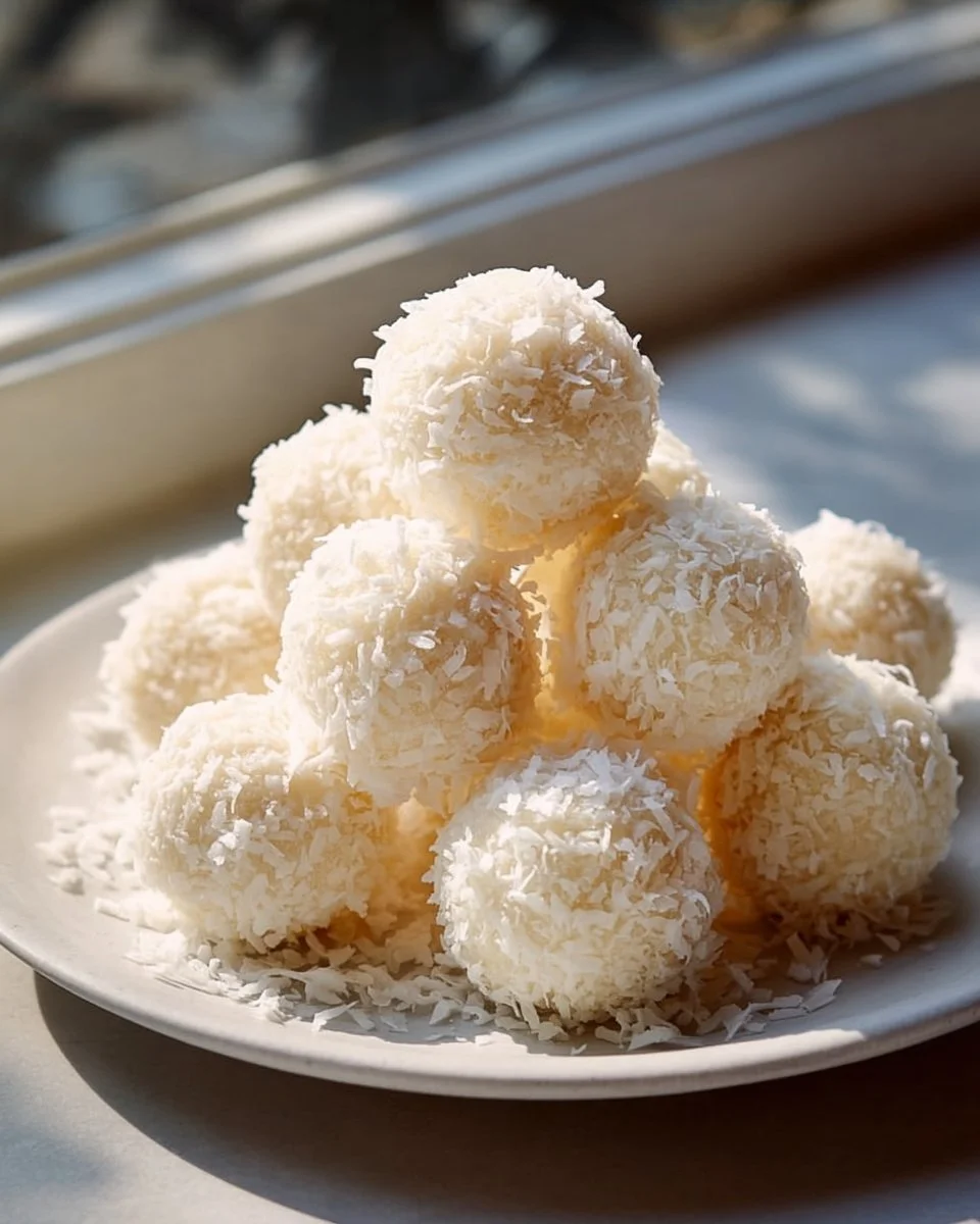 Plate of coconut snowballs made with sweetened condensed milk.