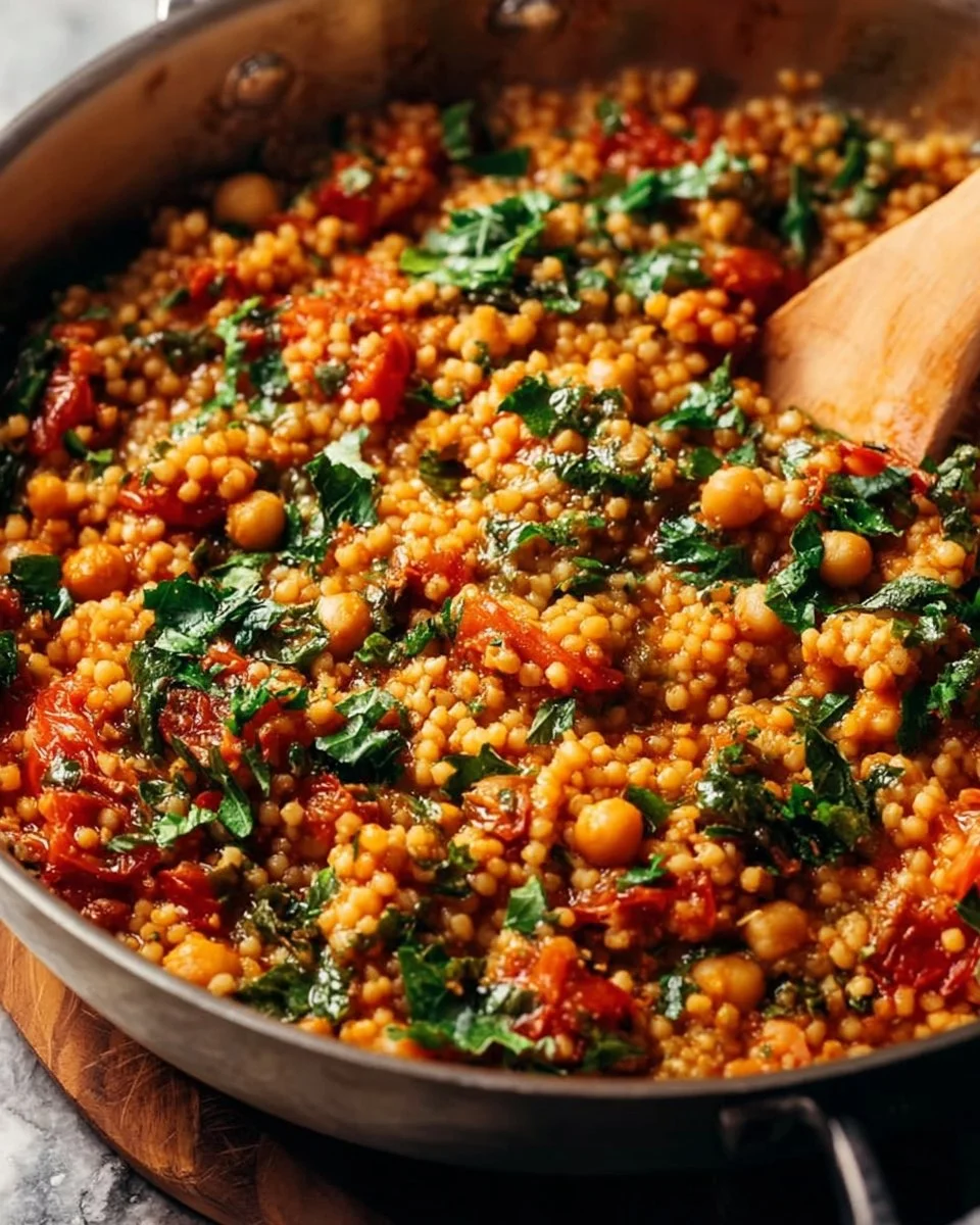 Colorful Couscous Skillet with vegetables and spices in a skillet