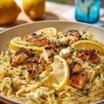 Creamy lemon chicken orzo dish served in a bowl with fresh herbs