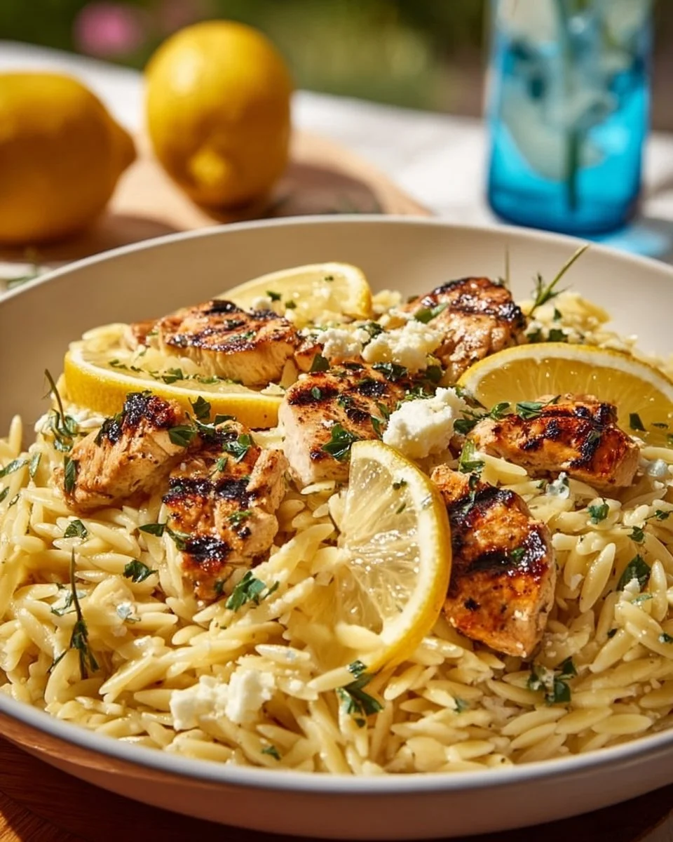 Creamy lemon chicken orzo dish served in a bowl with fresh herbs