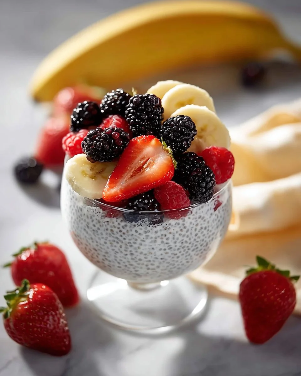 Bowl of easy Greek yogurt chia seed pudding topped with fresh berries
