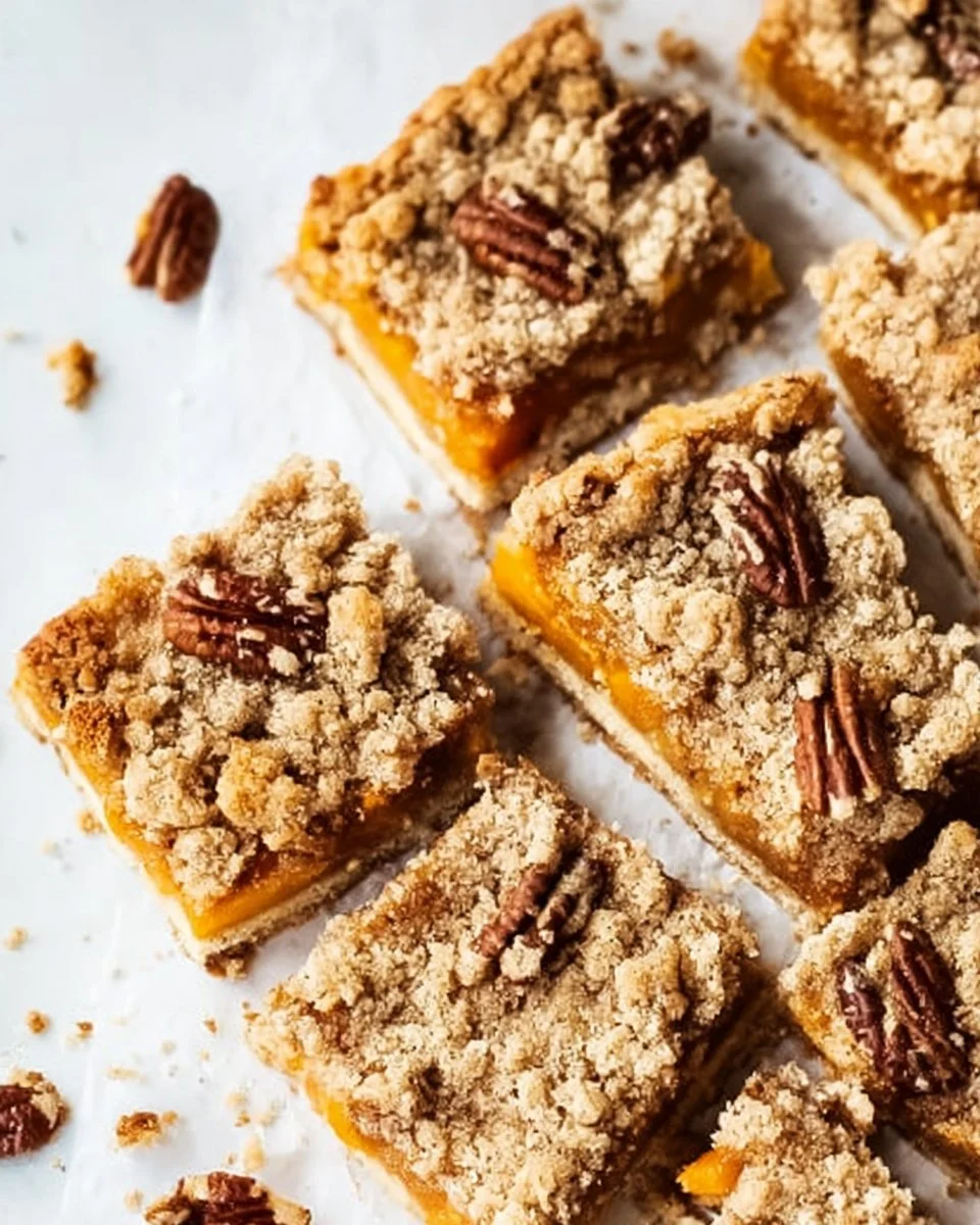 Fresh peach bars topped with brown butter and cinnamon streusel served on a plate