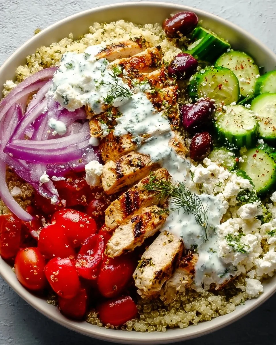 Healthy Greek Chicken Quinoa Bowl with fresh vegetables and dressing