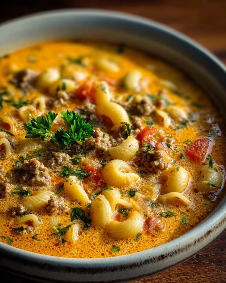Hearty pasta soup featuring beef and cheddar in a flavorful broth