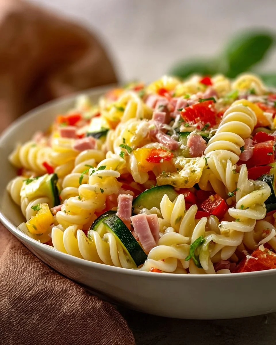 High protein Italian pasta salad with colorful vegetables and healthy ingredients