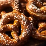 Freshly baked homemade pretzel bagels on a wooden board.