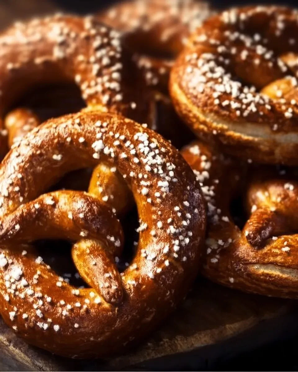 Freshly baked homemade pretzel bagels on a wooden board.