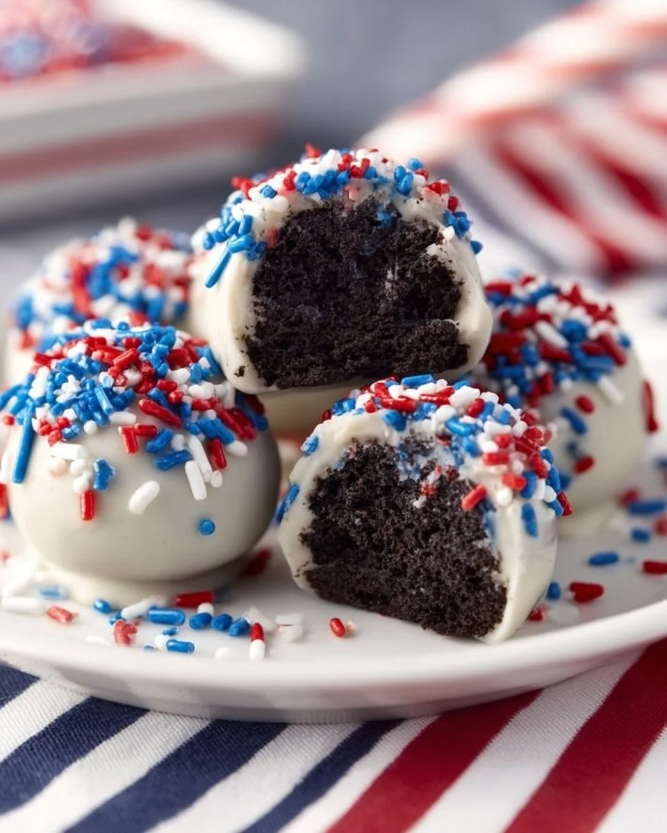 Patriotic Oreo Balls decorated with red, white, and blue for festive celebrations