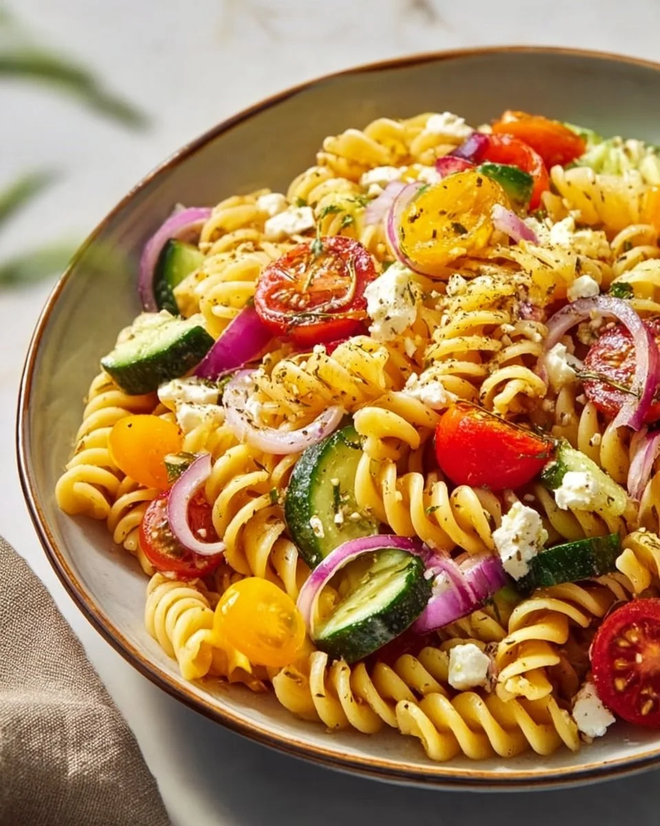 High protein Greek pasta salad with fresh vegetables and feta cheese