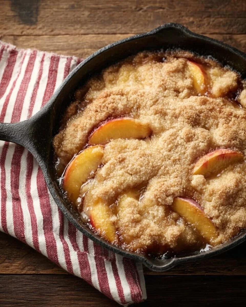 Freshly baked sourdough peach cobbler topped with golden crust and peaches.