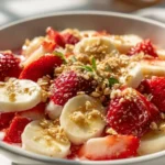 Strawberry Banana Crunch Dessert Salad with fresh fruit and a crunchy topping