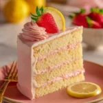 Slice of Strawberry Lemon Cake with fresh strawberries and lemon garnish