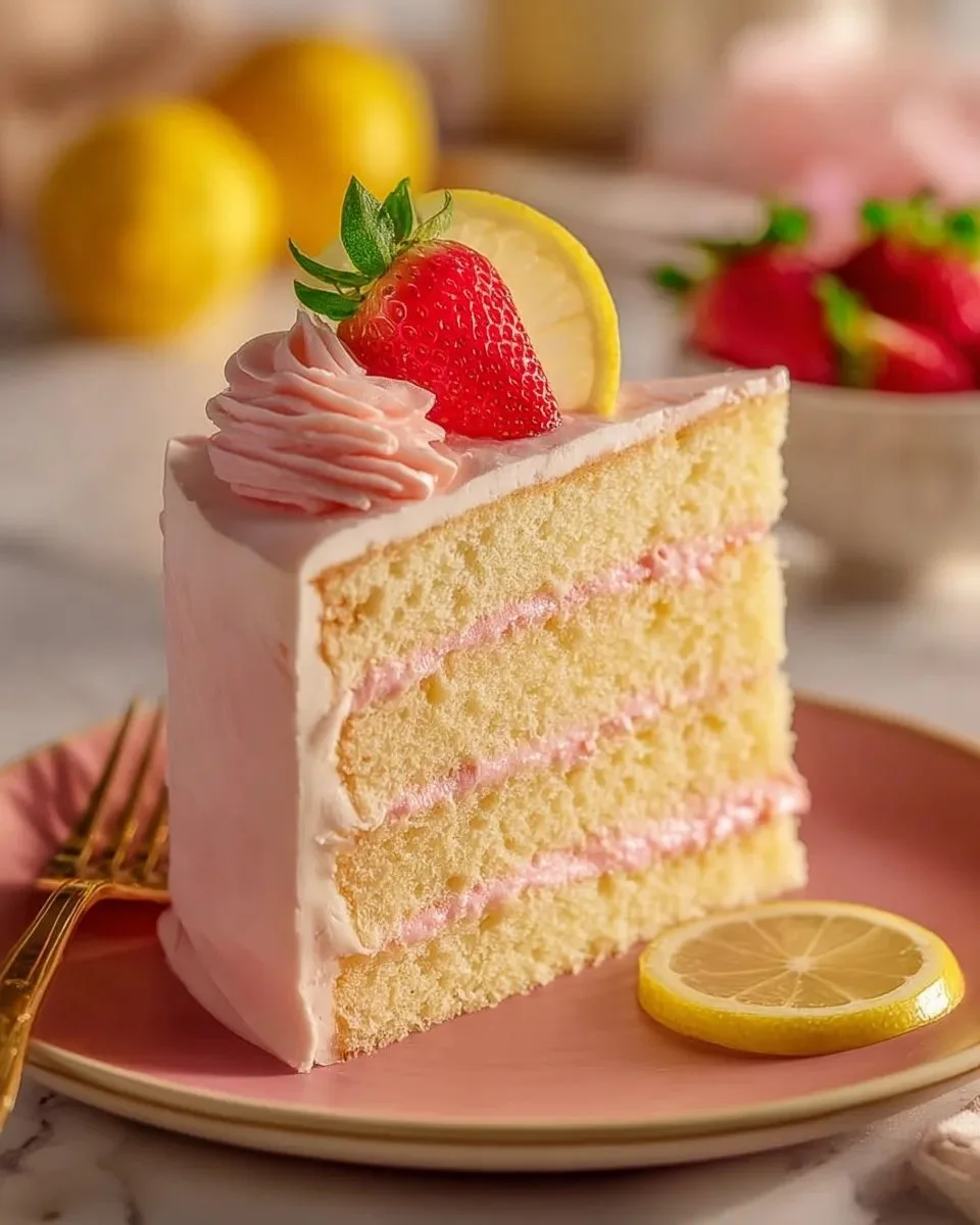 Slice of Strawberry Lemon Cake with fresh strawberries and lemon garnish
