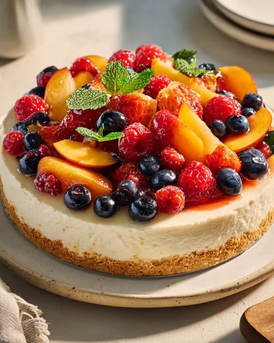 Delicious summer berry peach cheesecake with fresh fruits and creamy filling