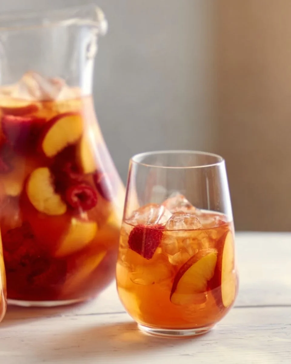 Glass of refreshing Virgin Peach Sangria with fresh peaches and herbs