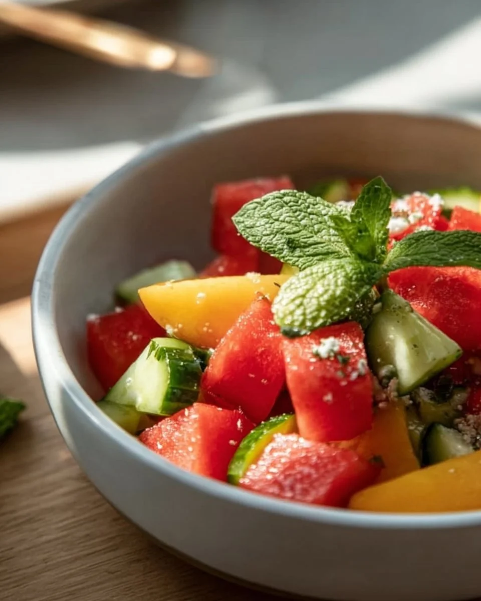 Refreshing Watermelon Peach Salad garnished with mint in a bowl