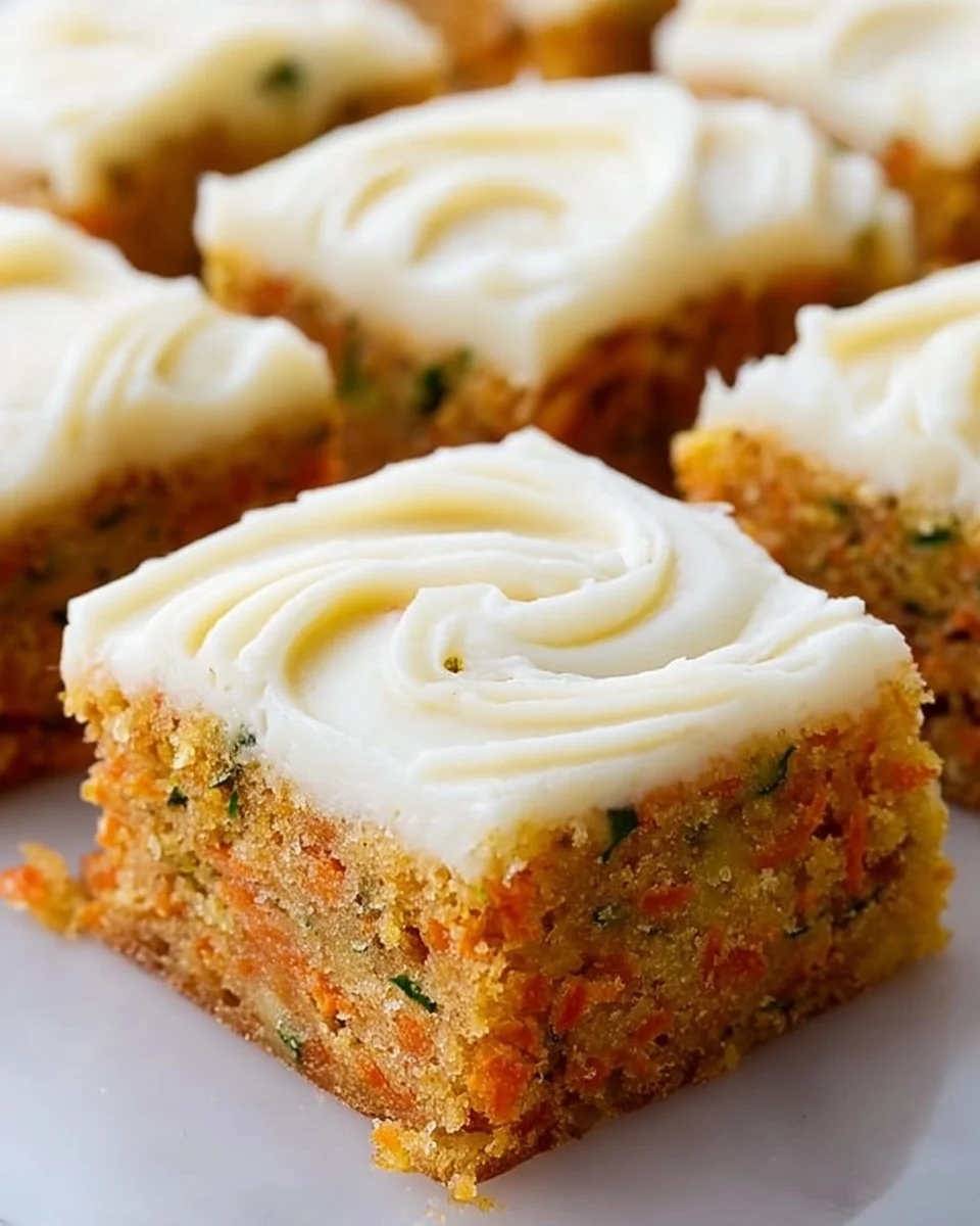 Carrot Zucchini Bars with Lemon Frosting on a plate