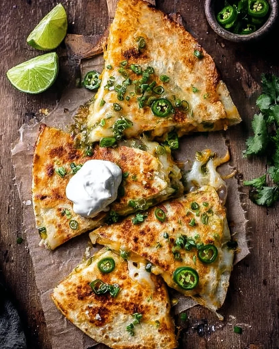 Cheesy green chile and avocado rice quesadillas on a plate