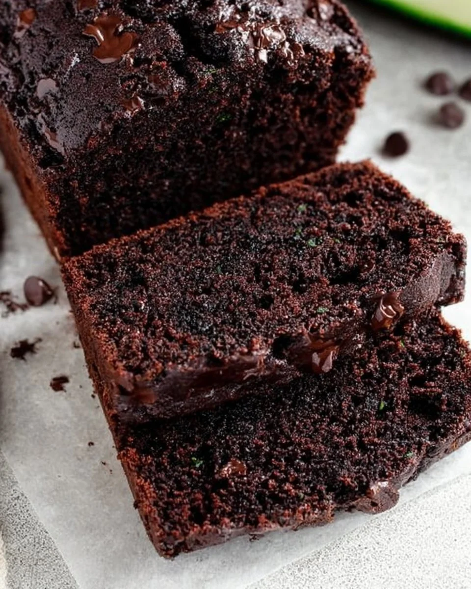 Slice of moist chocolate zucchini bread on a wooden table