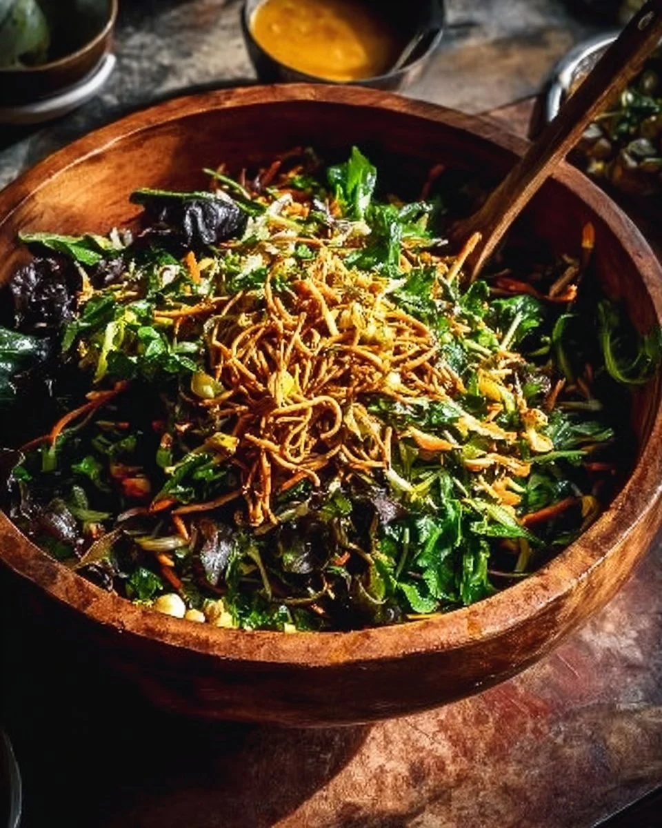 Crispy wonton rotisserie chicken salad with fresh vegetables and dressing