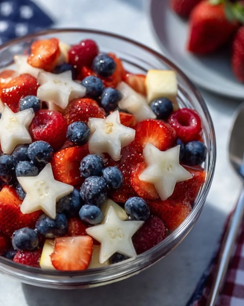 Easy 4th of July fruit salad with colorful summer fruits in a bowl