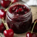Jar of easy homemade cherry jam with fresh cherries around it