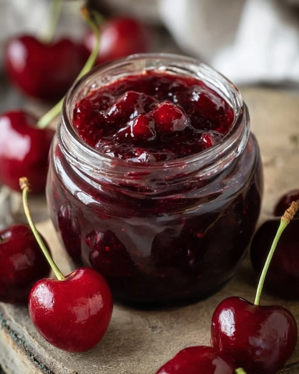 Jar of easy homemade cherry jam with fresh cherries around it