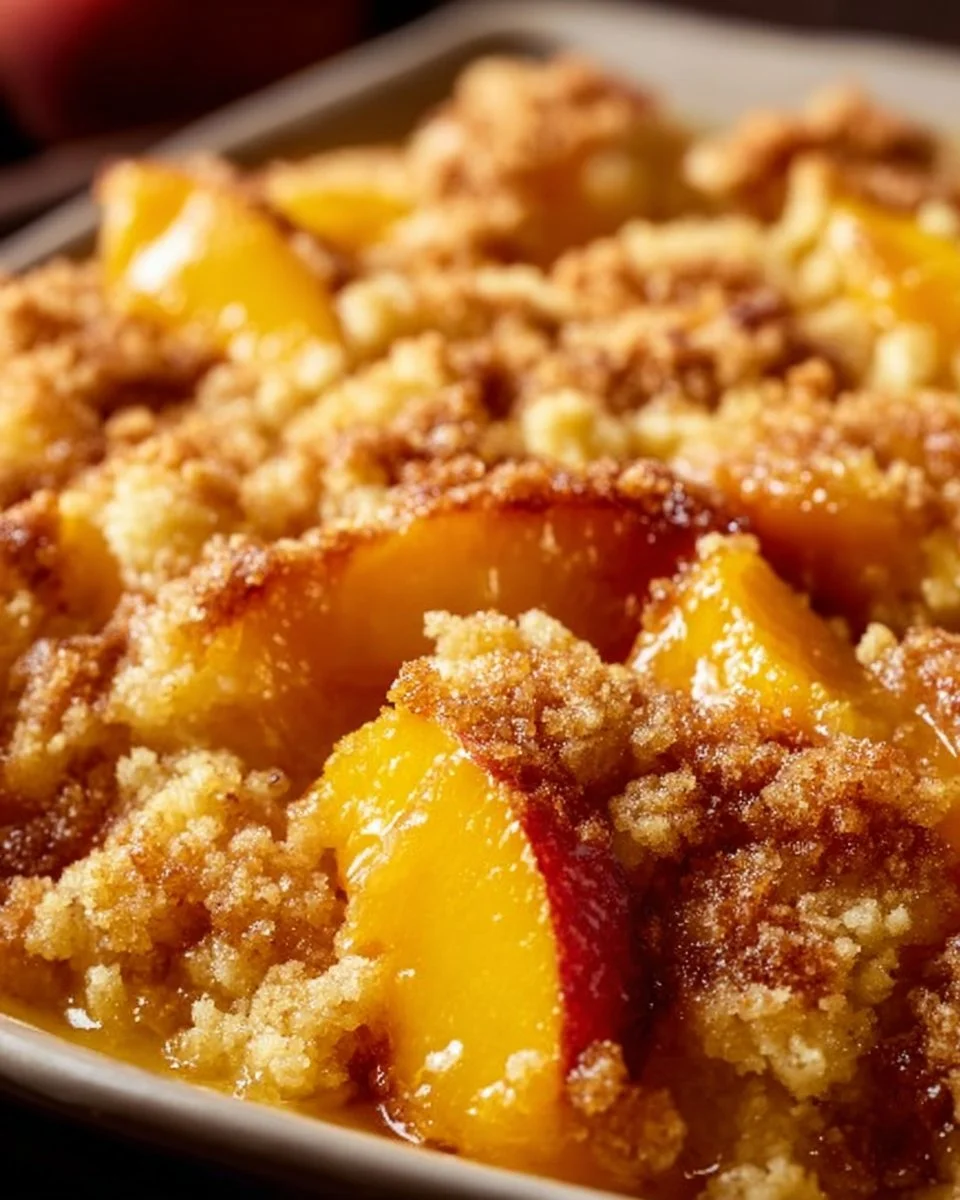 Delicious easy peach cobbler made with canned peaches fresh out of the oven.