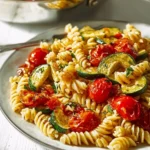 Delicious fresh garden tomato zucchini pasta served in a bowl